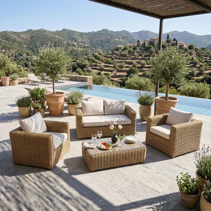 Salon de jardin bas en résine tressée 4 places avec 1 canapé, 2 fauteuils et 1 table basse (7/9)