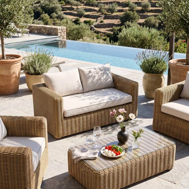 Salon de jardin bas en résine tressée 4 places avec 1 canapé, 2 fauteuils et 1 table basse (8/9)