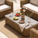 Salon de jardin bas en résine tressée 5 places avec 1 canapé, 2 fauteuils et 1 table basse
