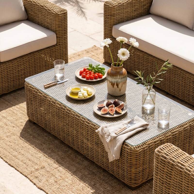 Salon de jardin bas en résine tressée 5 places avec 1 canapé, 2 fauteuils et 1 table basse (2/9)
