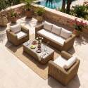 Salon de jardin bas en résine tressée 5 places avec 1 canapé, 2 fauteuils et 1 table basse