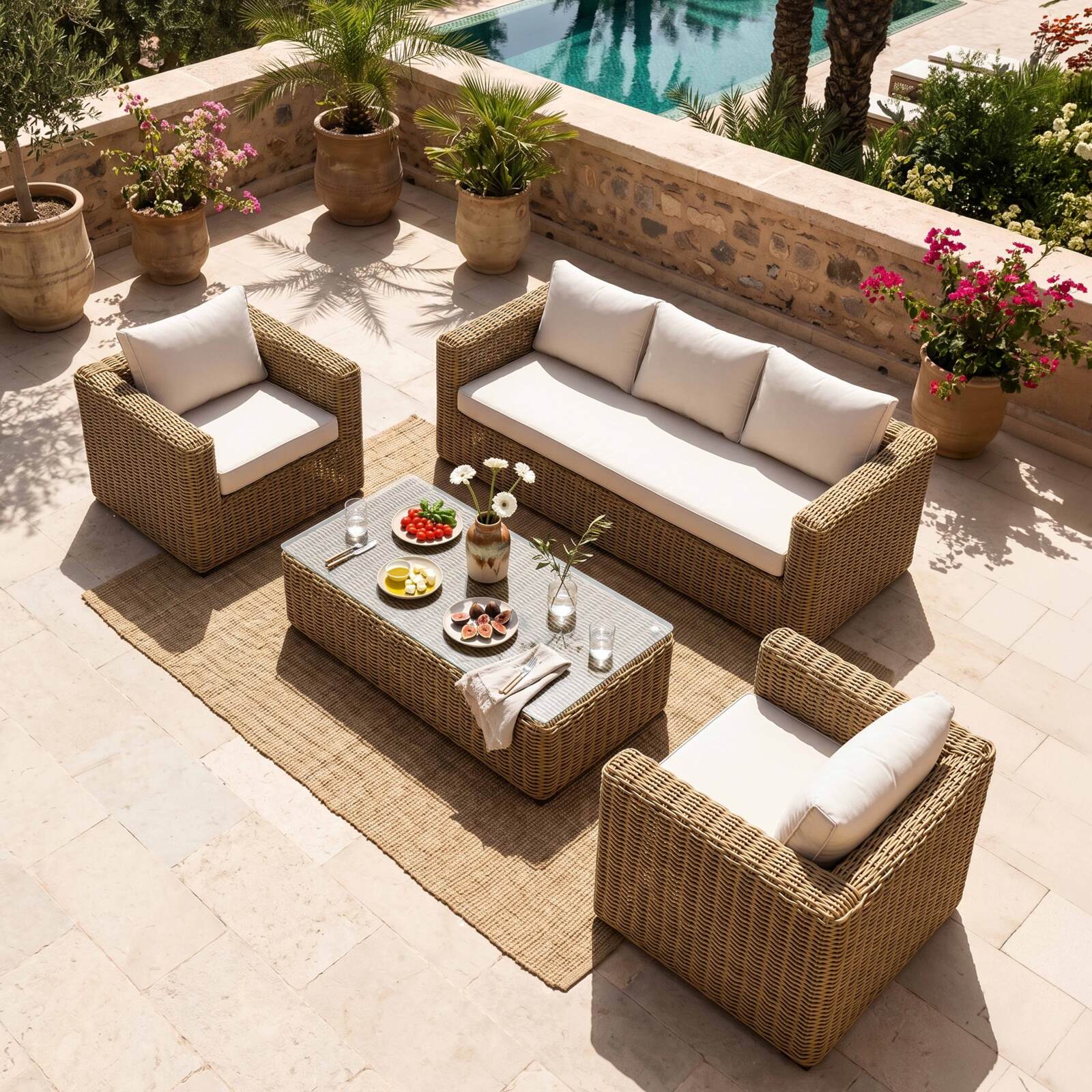 Salon de jardin bas en résine tressée 5 places avec 1 canapé, 2 fauteuils et 1 table basse