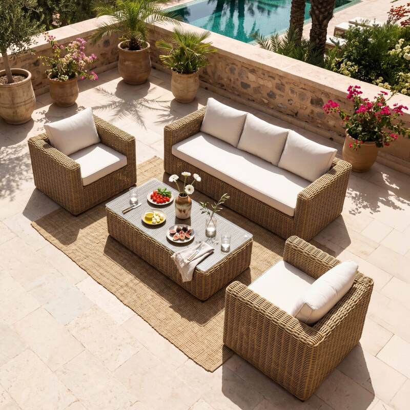 Salon de jardin bas en résine tressée 5 places avec 1 canapé, 2 fauteuils et 1 table basse