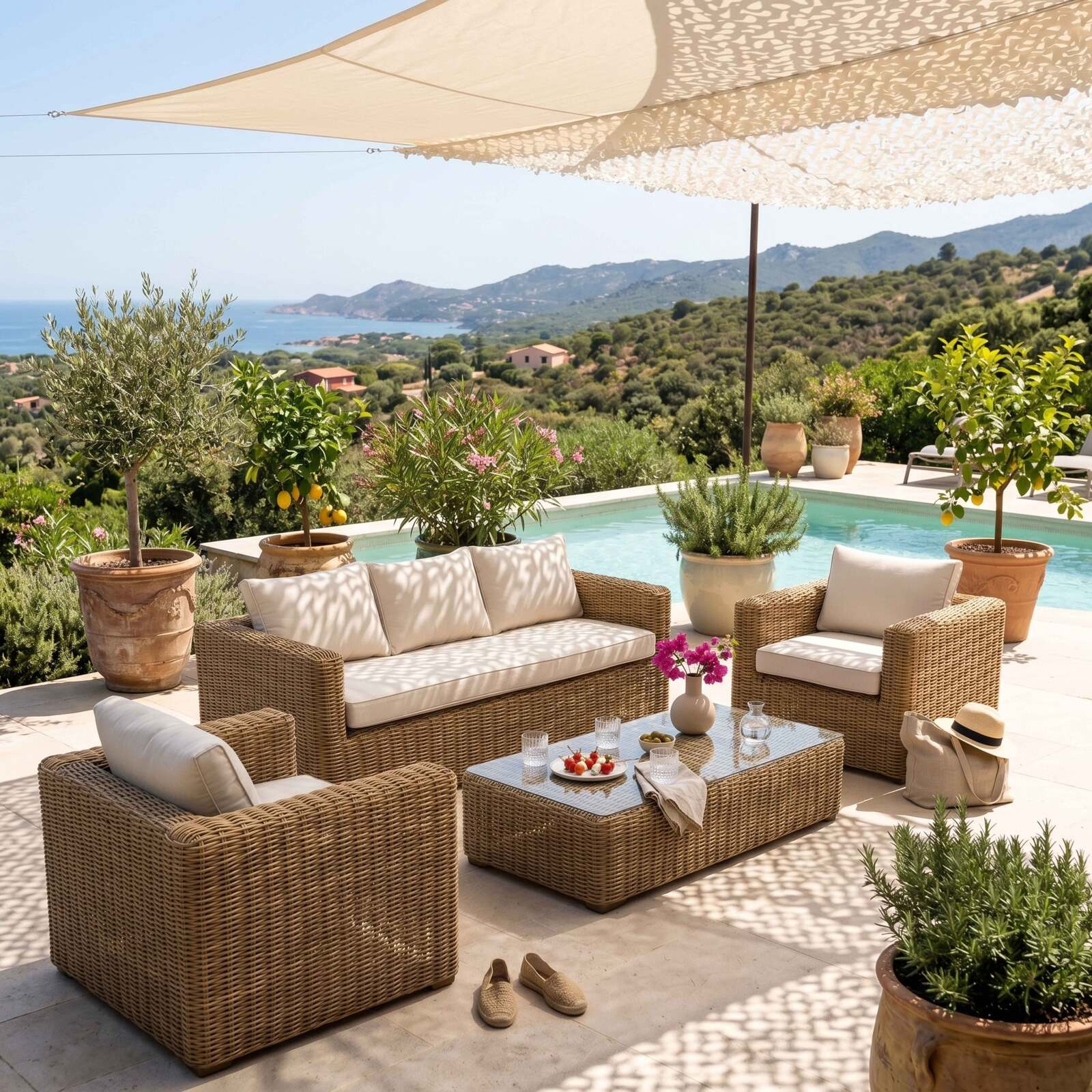 Salon de jardin bas en résine tressée 5 places avec 1 canapé, 2 fauteuils et 1 table basse