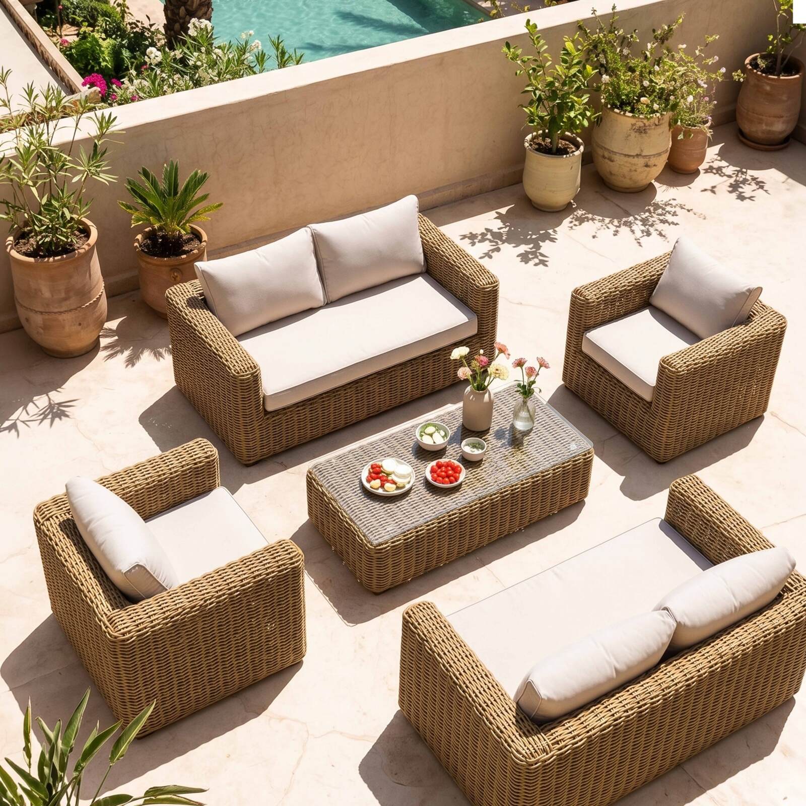 Salon de jardin bas en résine tressée 6 places avec 2 canapés, 2 fauteuils et 1 table basse