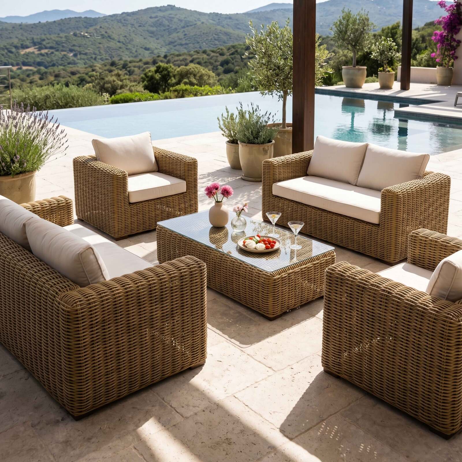 Salon de jardin bas en résine tressée 6 places avec 2 canapés, 2 fauteuils et 1 table basse