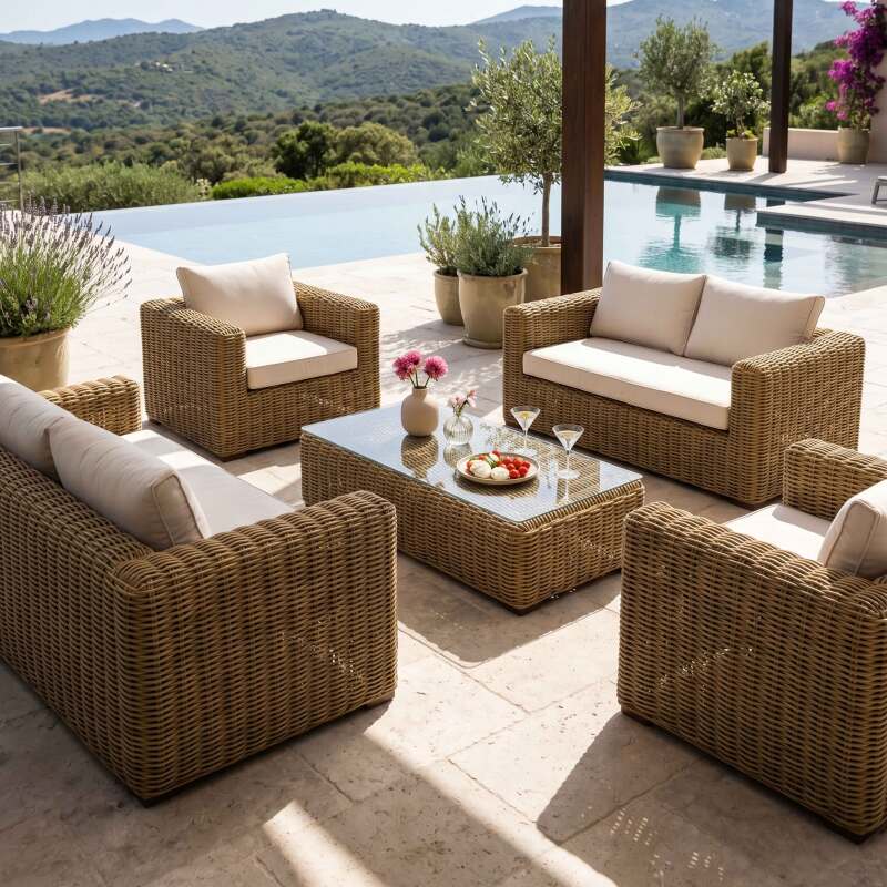 Salon de jardin bas en résine tressée 6 places avec 2 canapés, 2 fauteuils et 1 table basse (8/9)