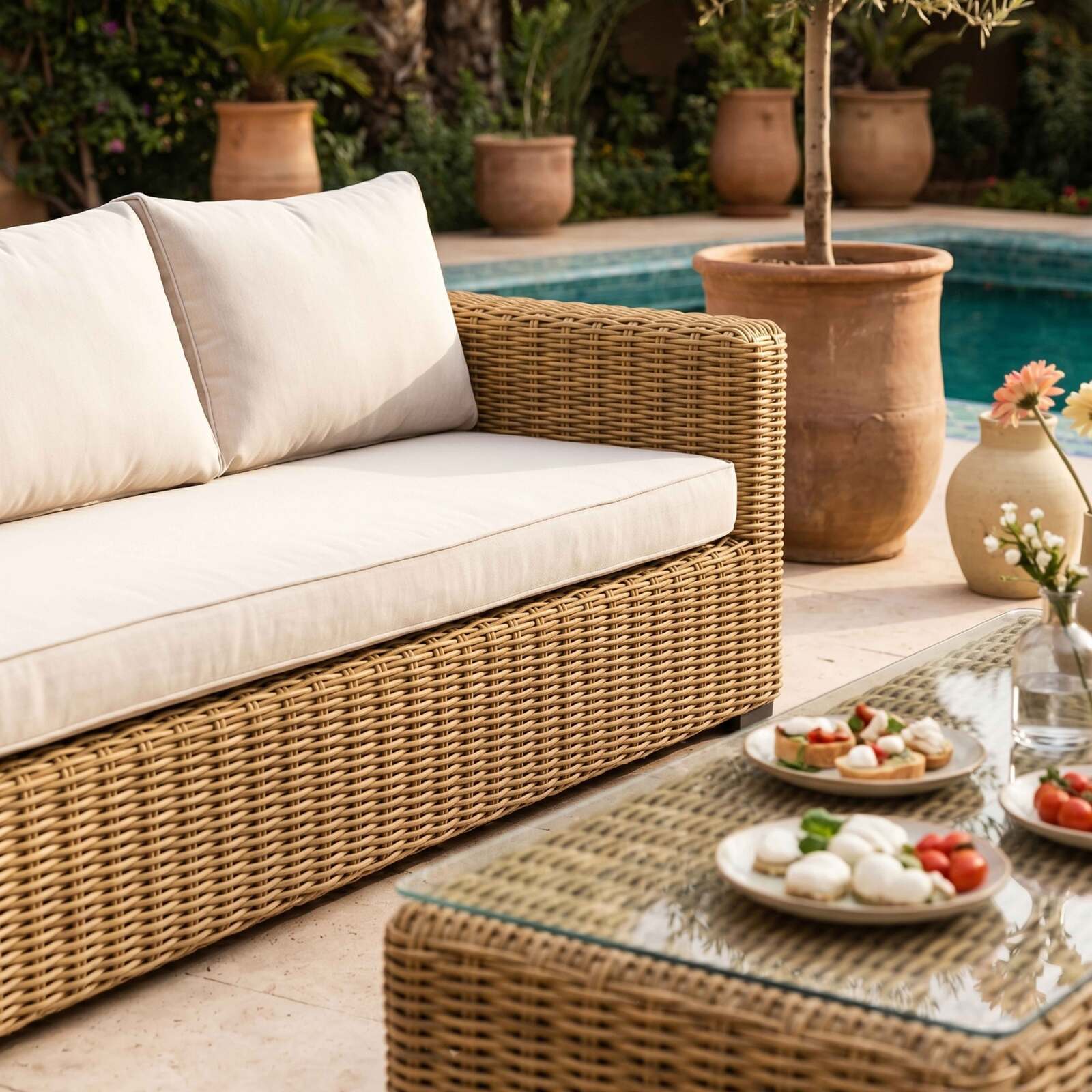 Salon de jardin bas en résine tressée 7 places avec 2 canapés, 2 fauteuils et 1 table basse