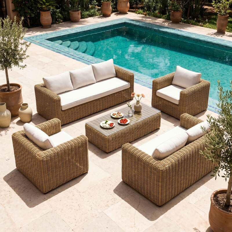 Salon de jardin bas en résine tressée 7 places avec 2 canapés, 2 fauteuils et 1 table basse