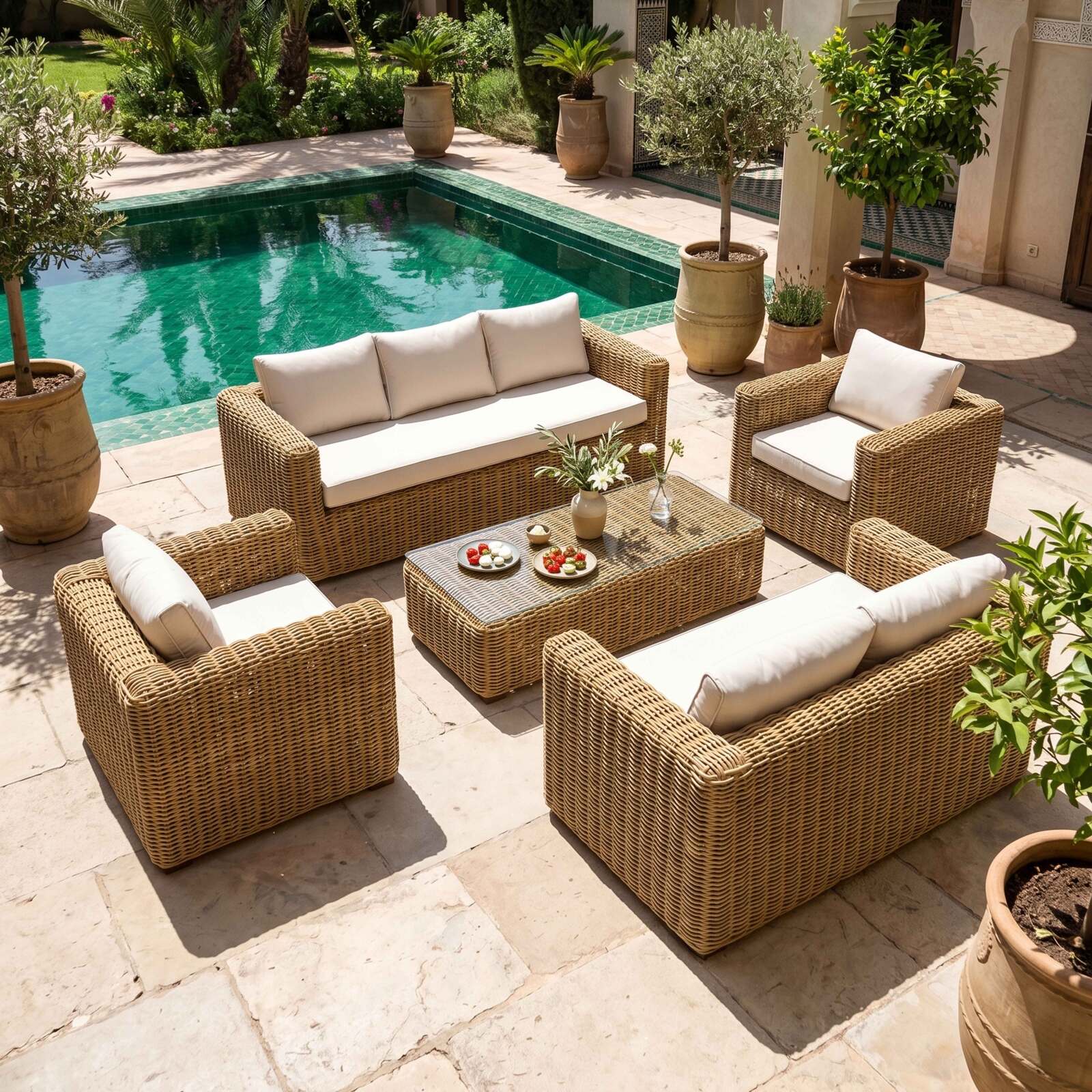 Salon de jardin bas en résine tressée 7 places avec 2 canapés, 2 fauteuils et 1 table basse