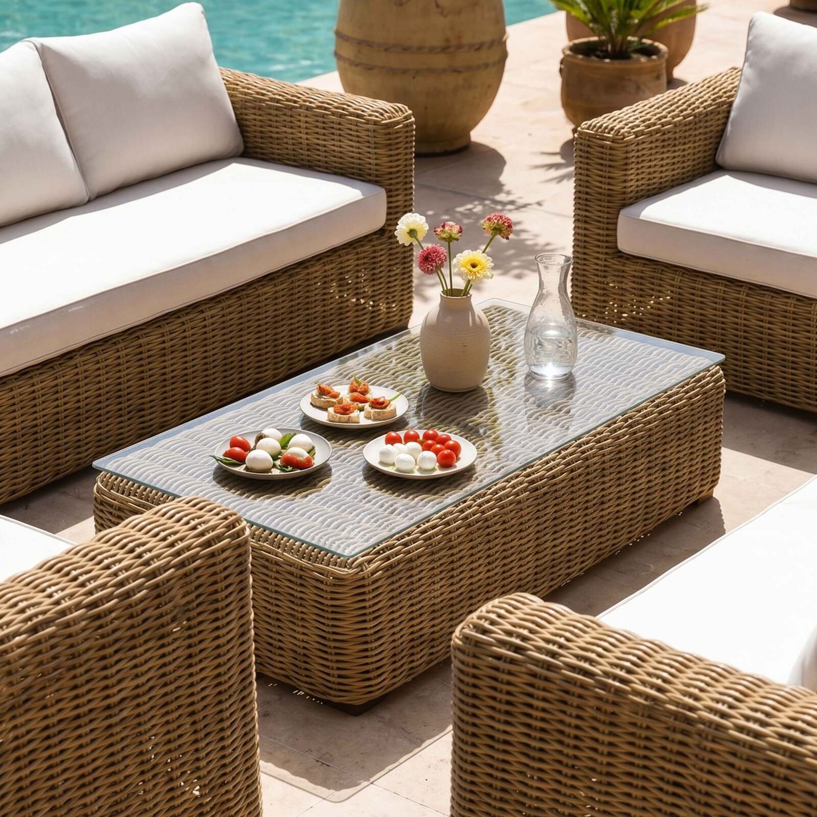 Salon de jardin bas en résine tressée 8 places avec 2 canapés, 2 fauteuils et 1 table basse