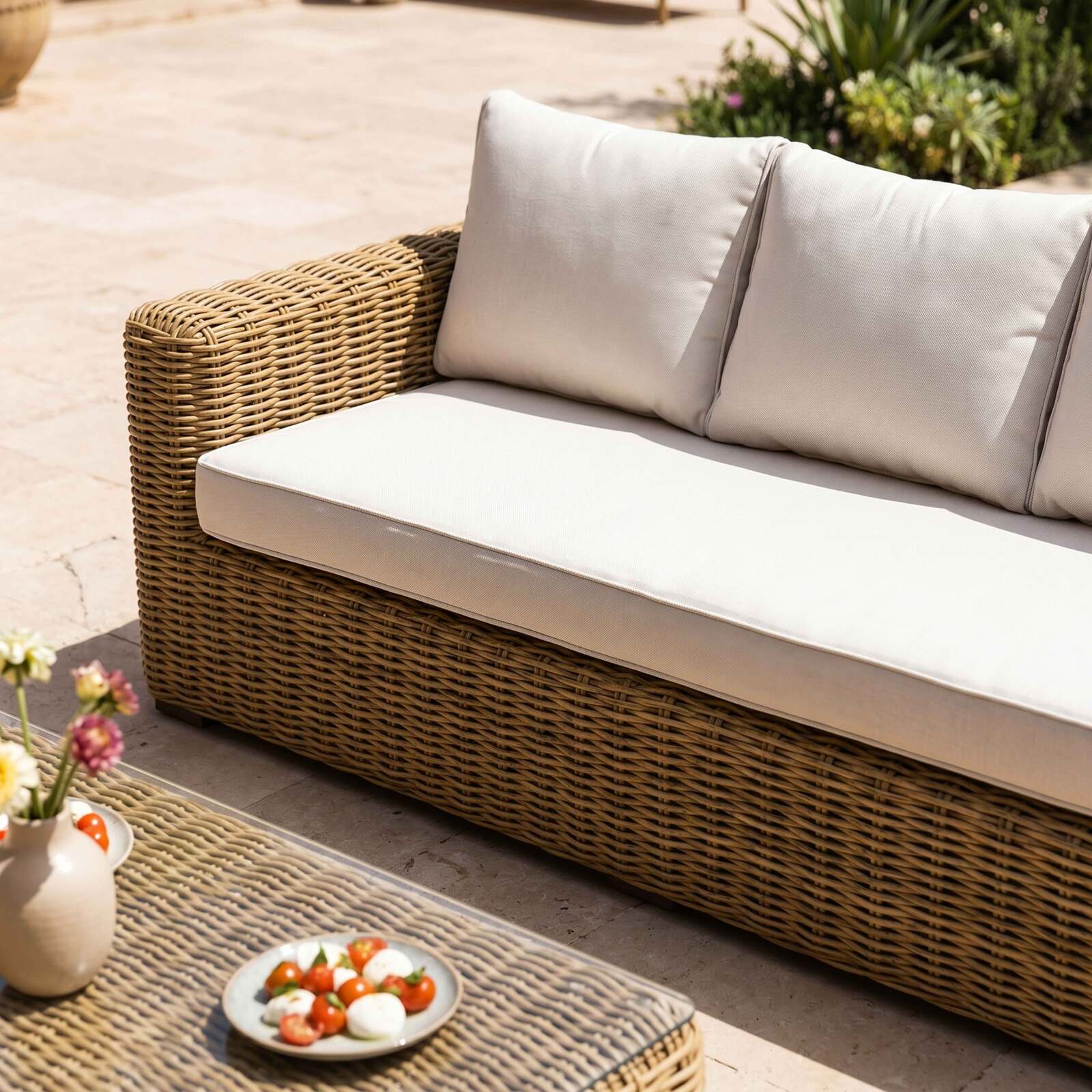 Salon de jardin bas en résine tressée 8 places avec 2 canapés, 2 fauteuils et 1 table basse