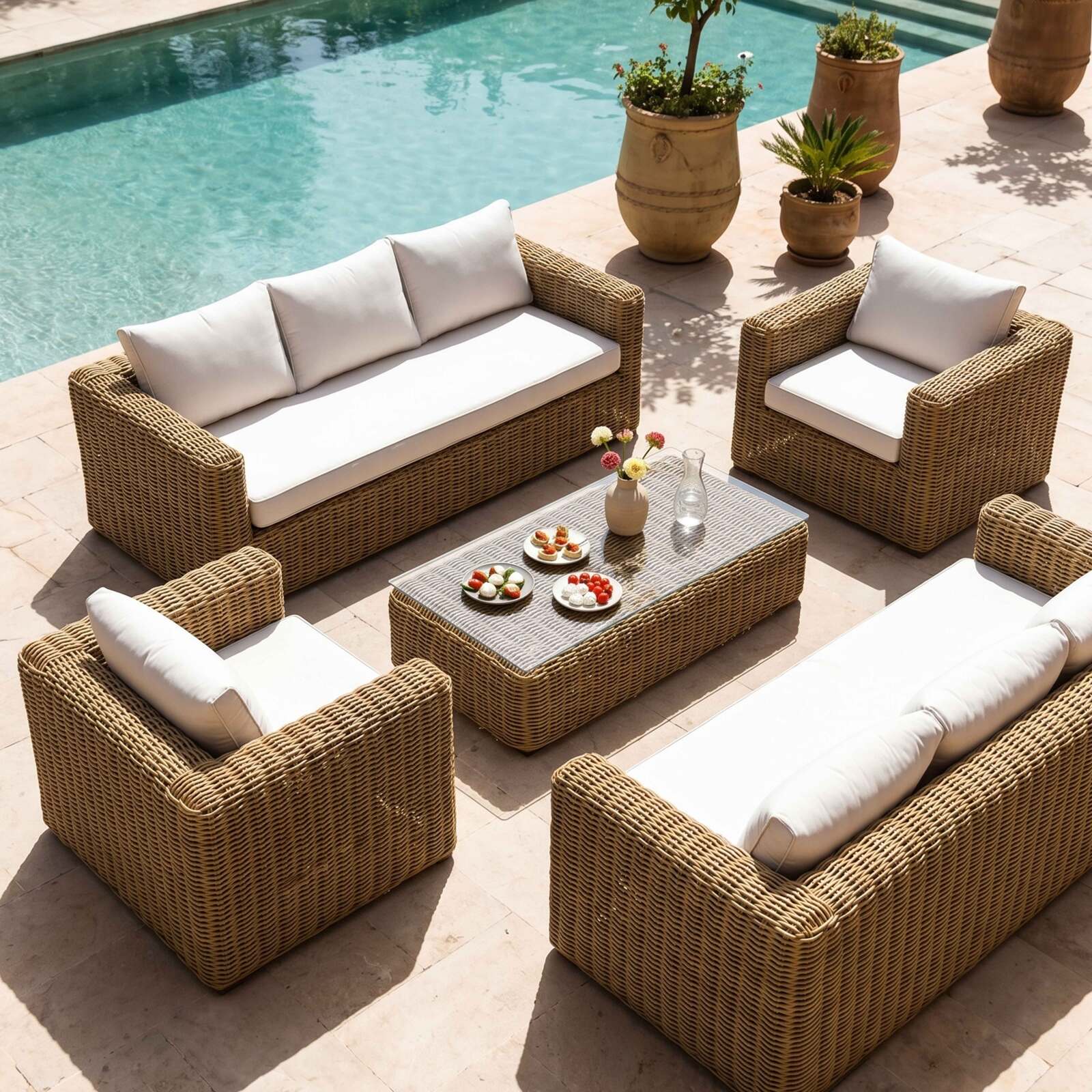 Salon de jardin bas en résine tressée 8 places avec 2 canapés, 2 fauteuils et 1 table basse