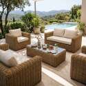 Salon de jardin bas en résine tressée 6 places avec 2 canapés, 2 fauteuils et 1 table basse
