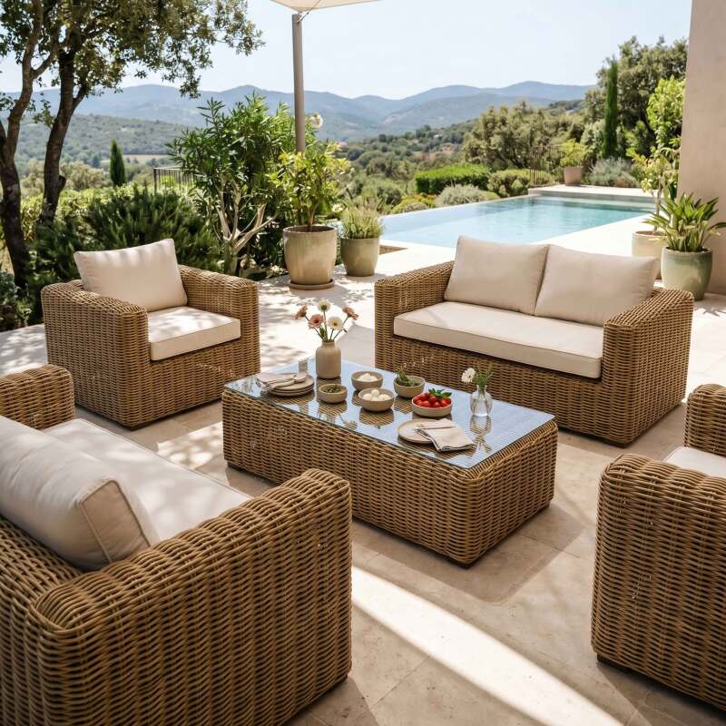 Salon de jardin bas en résine tressée 6 places avec 2 canapés, 2 fauteuils et 1 table basse (7/9)