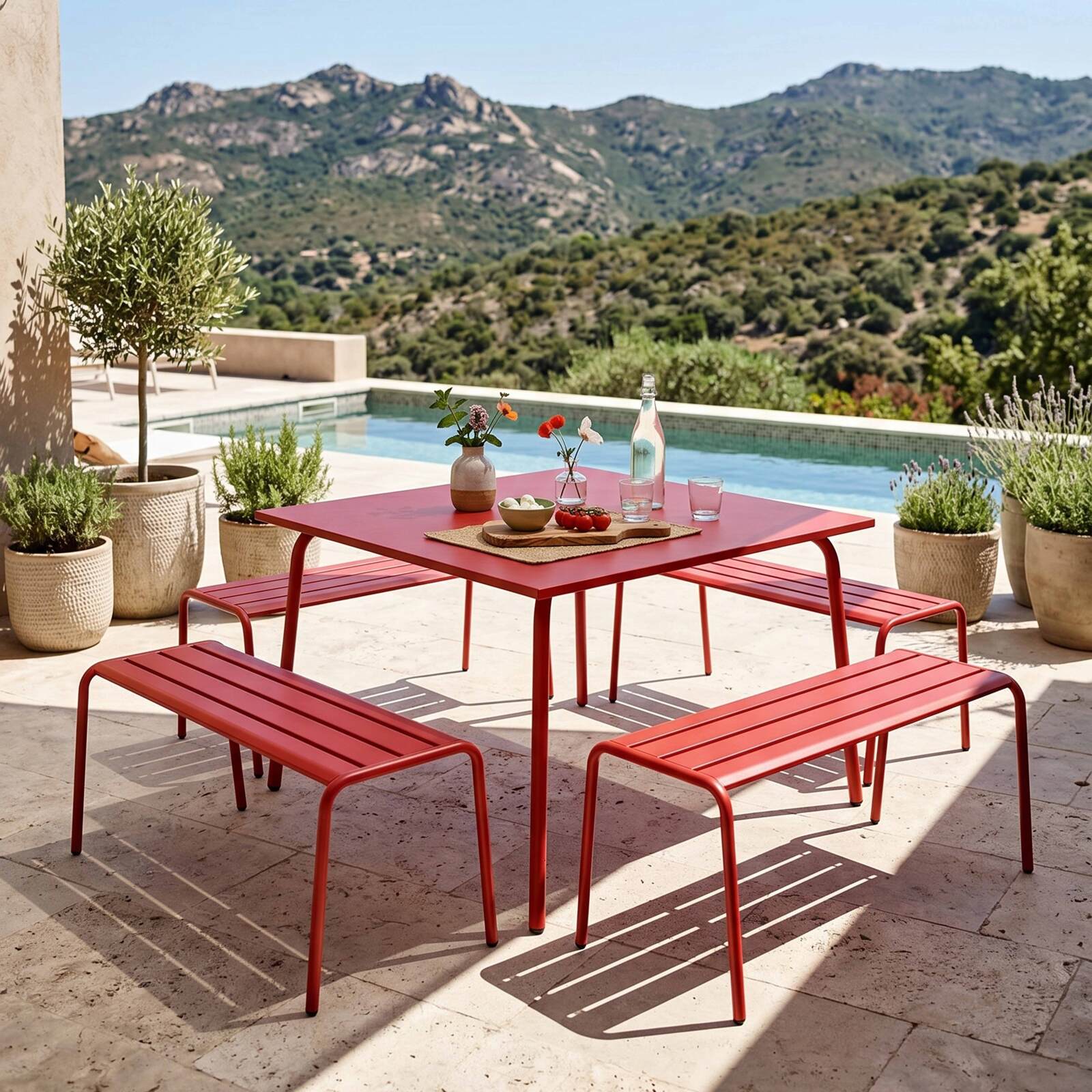 Table de jardin carrée en métal 120x120 cm et 4 bancs