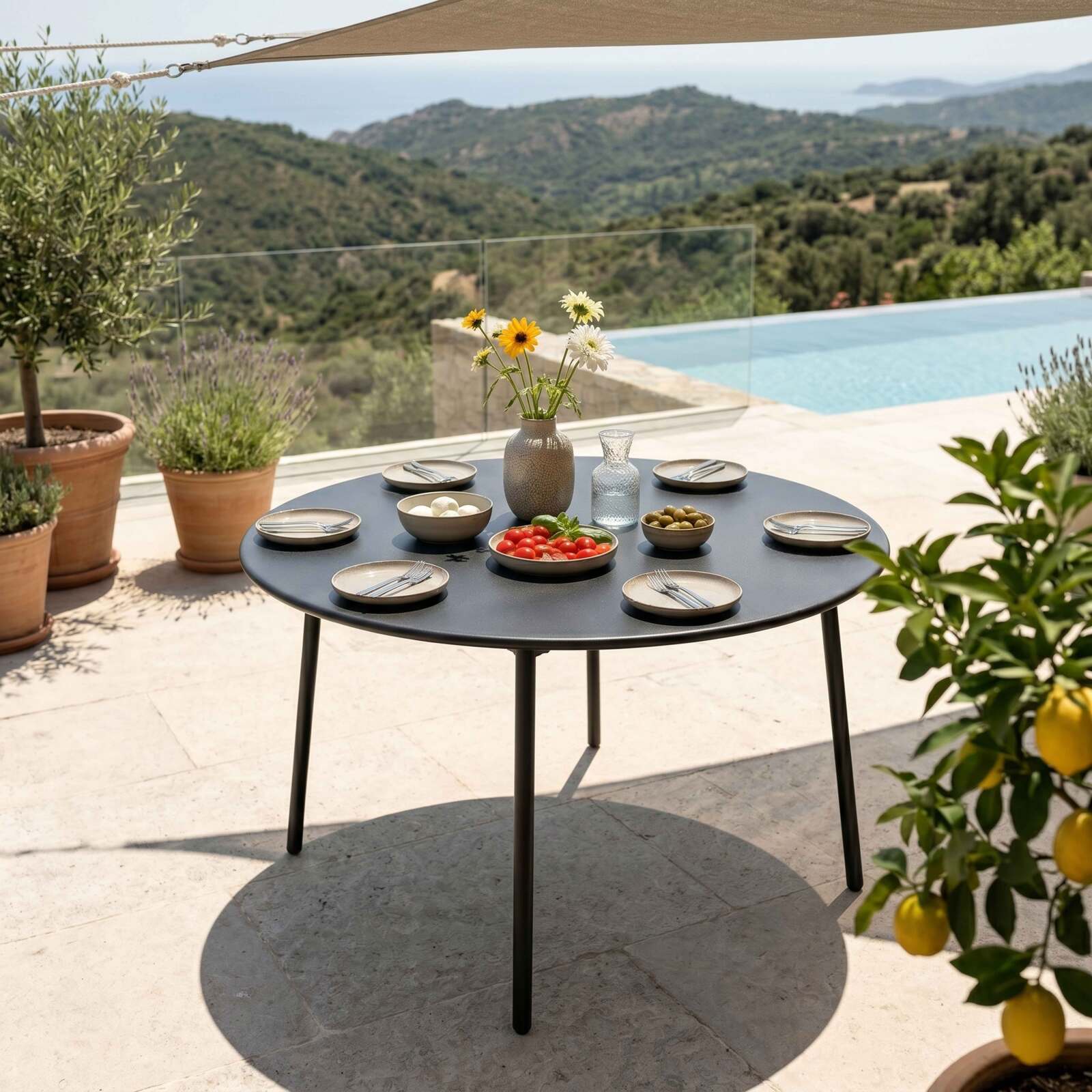 Table de jardin ronde en métal Ø120 cm et 6 chaises