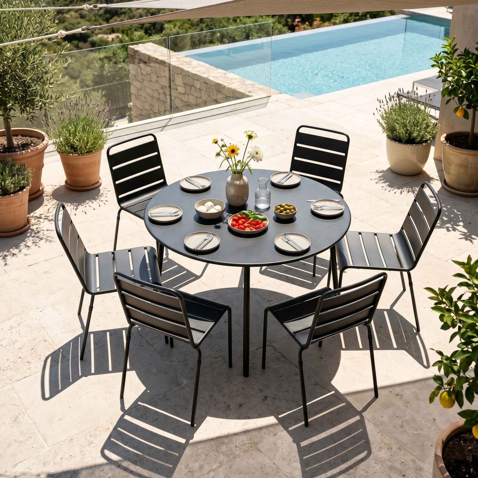 Table de jardin ronde en métal Ø120 cm et 6 chaises