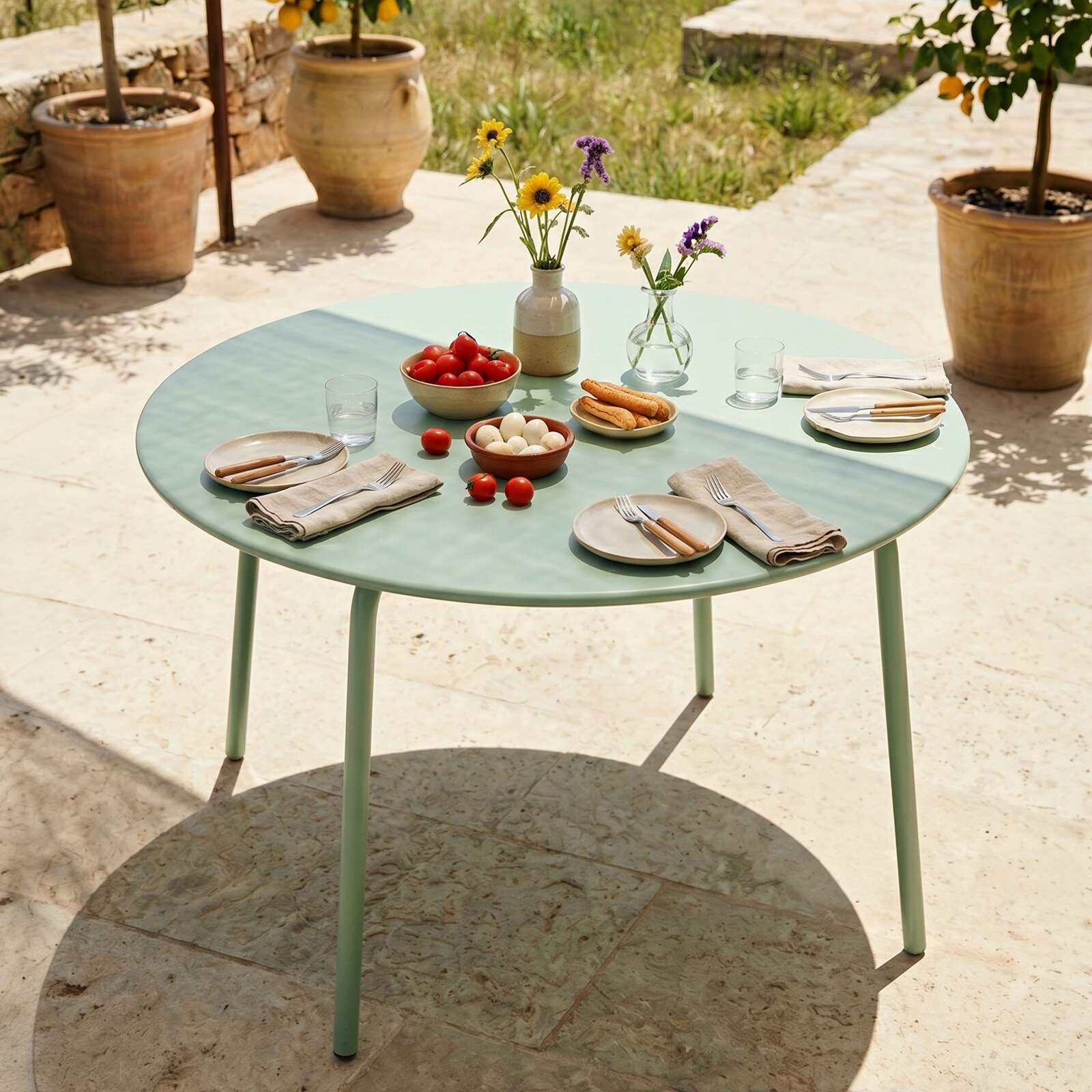 Table de jardin ronde en métal Ø120 cm et 6 chaises avec accoudoirs