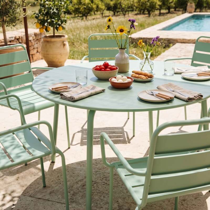 Table de jardin ronde en métal Ø120 cm et 6 chaises avec accoudoirs (3/10)