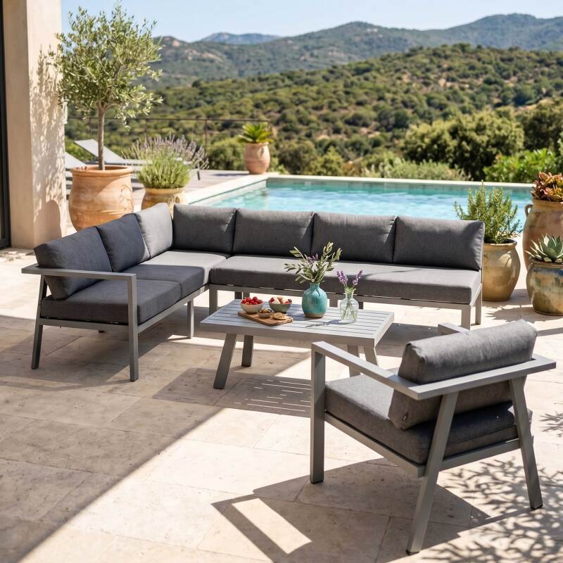 Salon de jardin d'angle en aluminium 6 places avec 1 fauteuil et 1 table basse