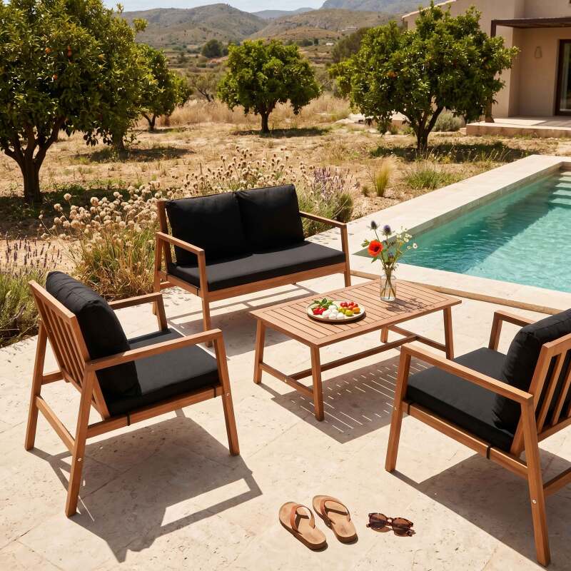 Salon de jardin en bois d'eucalyptus FSC® 4 places avec 1 canapé, 2 fauteuils et 1 table basse