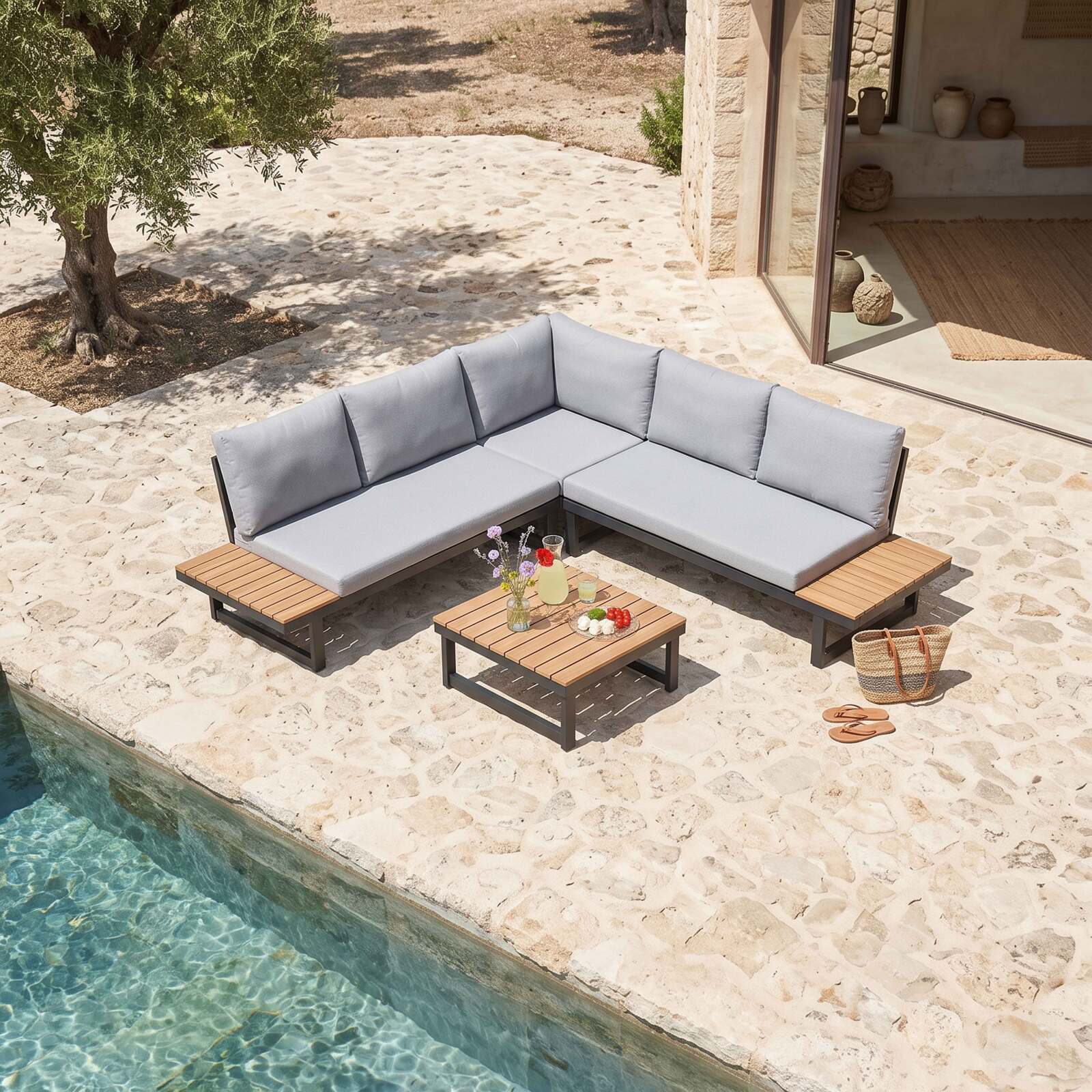 Salon de jardin bas d'angle modulable en aluminium et bois certifié FSC® 6 places