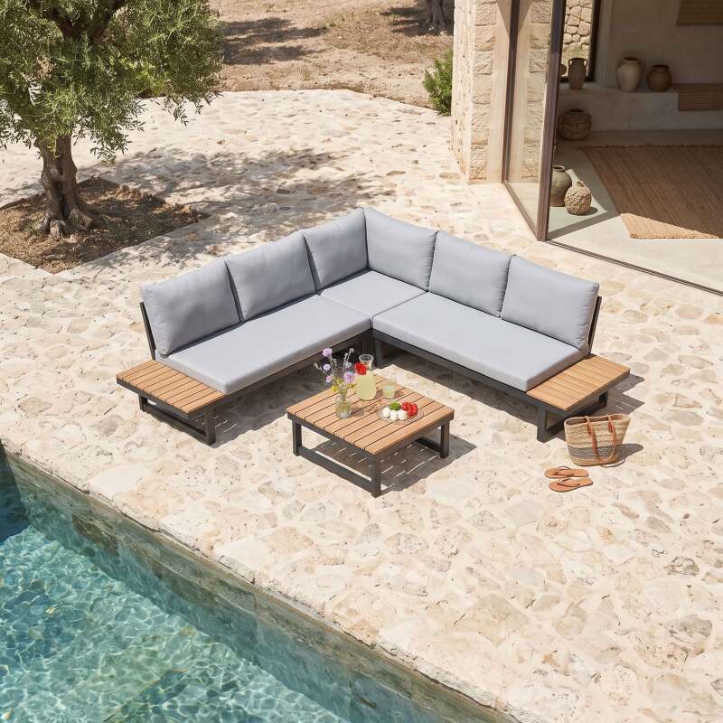 Salon de jardin bas d'angle modulable en aluminium et bois certifié FSC® 6 places (2/10)