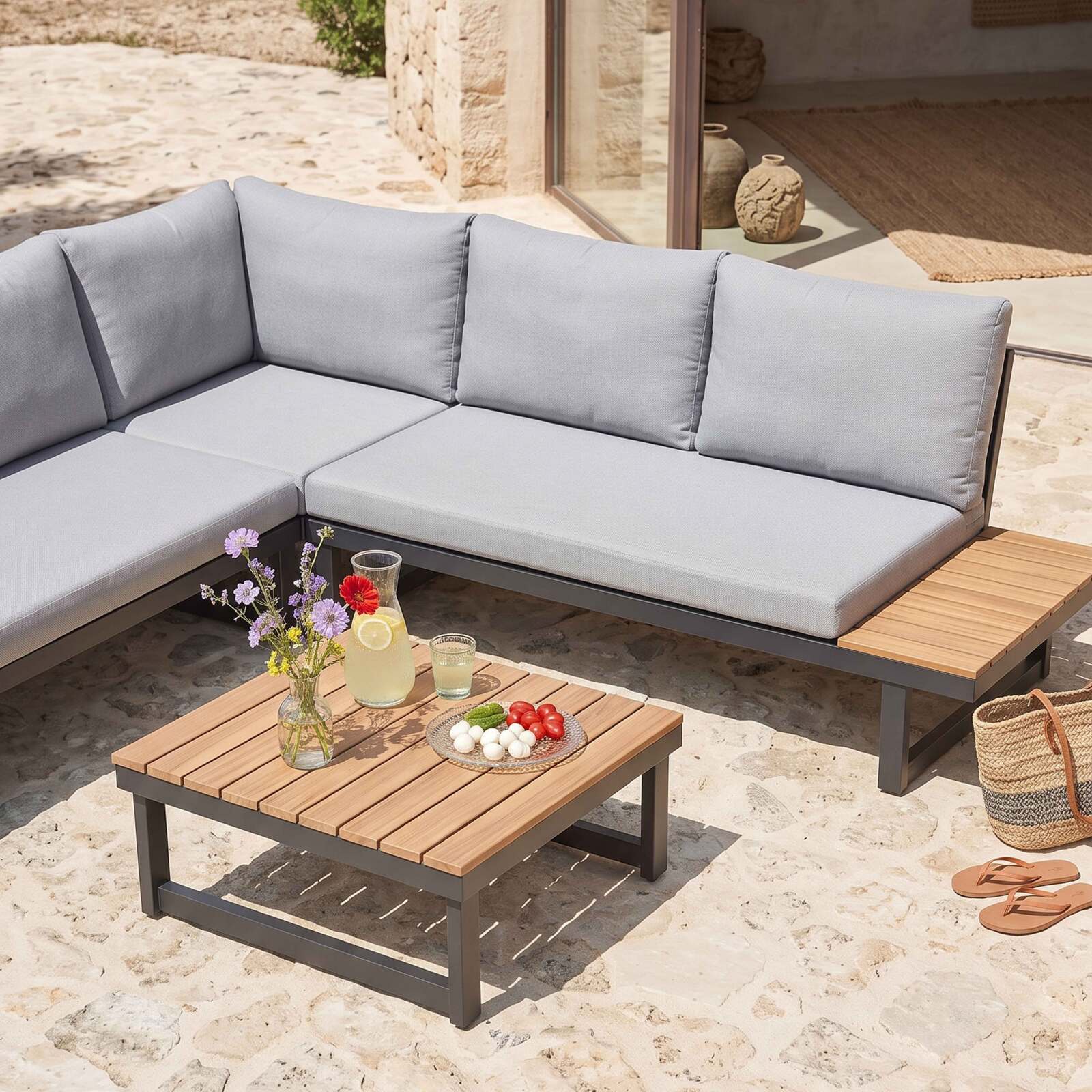 Salon de jardin bas d'angle modulable en aluminium et bois certifié FSC® 6 places