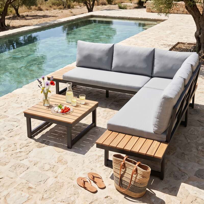 Salon de jardin bas d'angle modulable en aluminium et bois certifié FSC® 6 places (4/10)