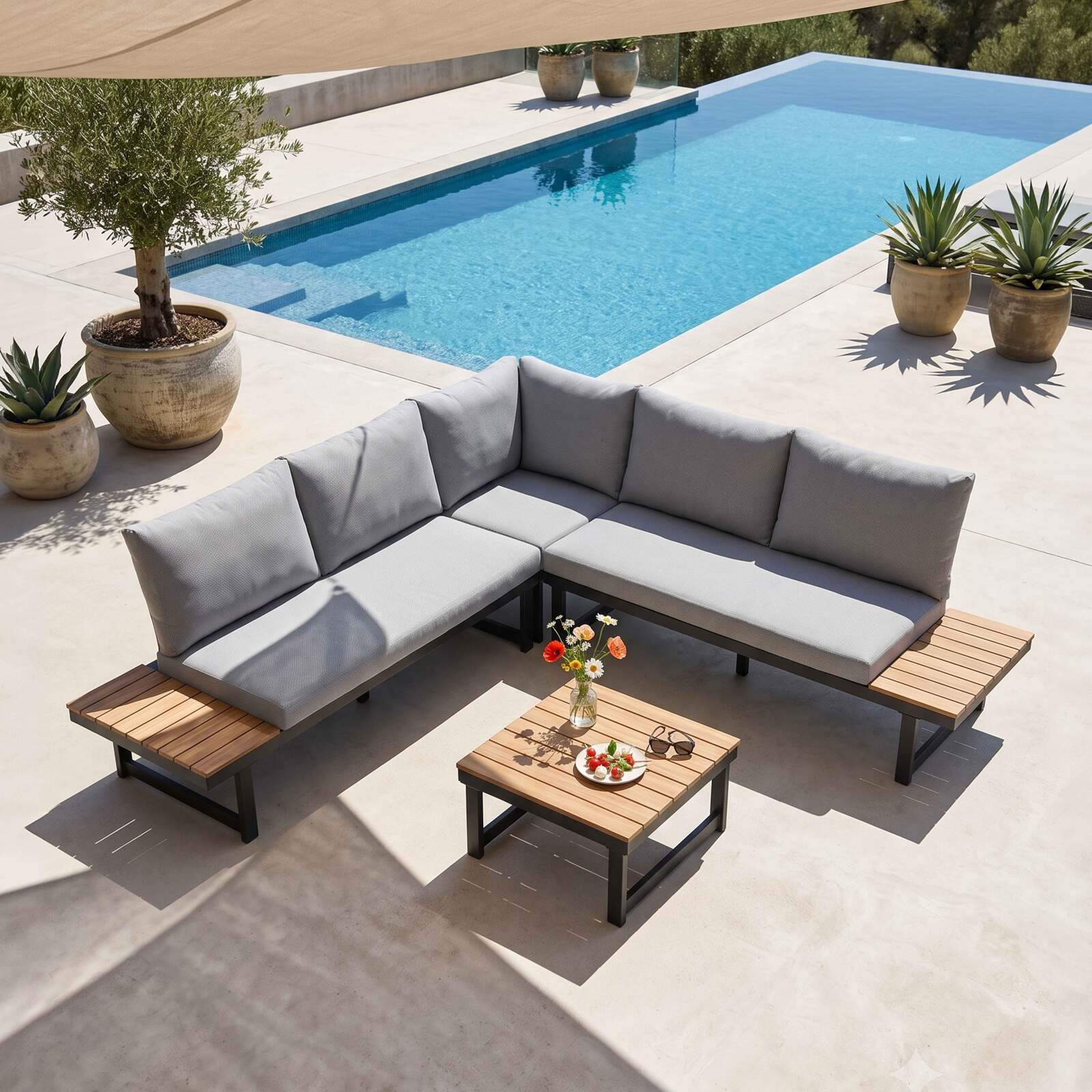 Salon de jardin bas d'angle modulable en aluminium et bois certifié FSC® 6 places