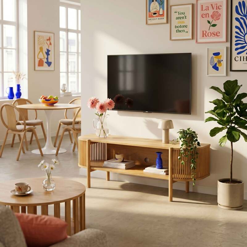 Meuble TV effet bois 160 cm style bohème
