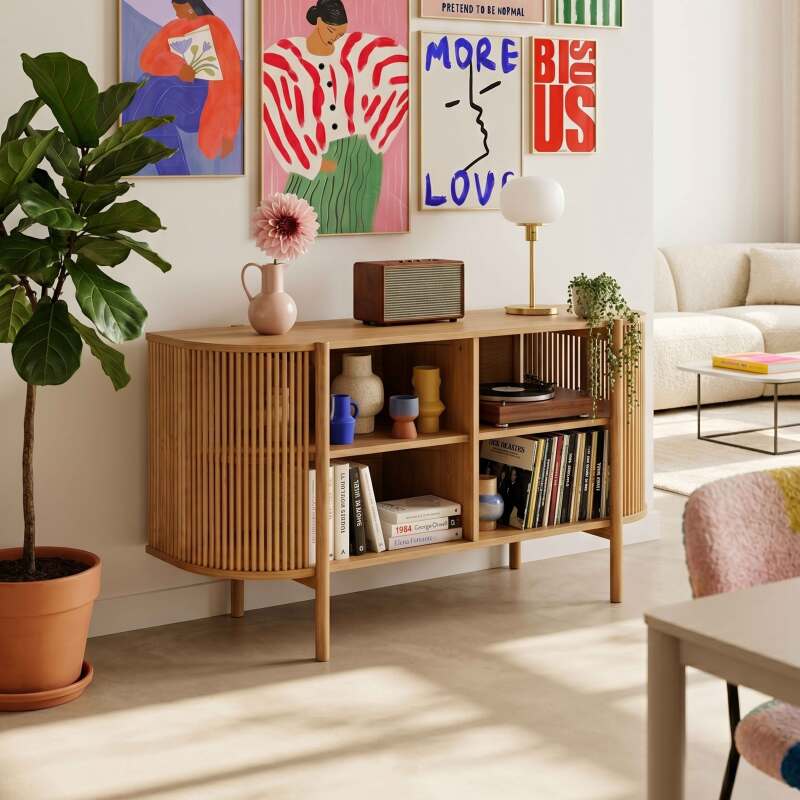 Buffet ouvert effet bois 160 cm style bohème