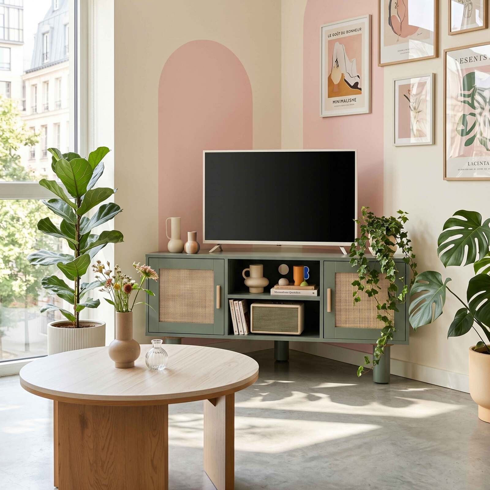 Meuble TV d'angle effet cannage 120 cm en rotin synthétique style bohème