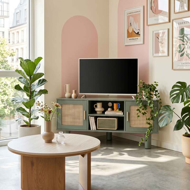 Meuble TV d'angle effet cannage 120 cm en rotin synthétique style bohème (2/25)