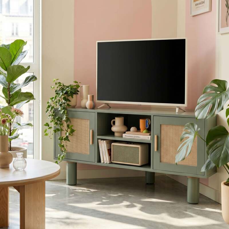 Meuble TV d'angle effet cannage 120 cm en rotin synthétique style bohème (4/25)