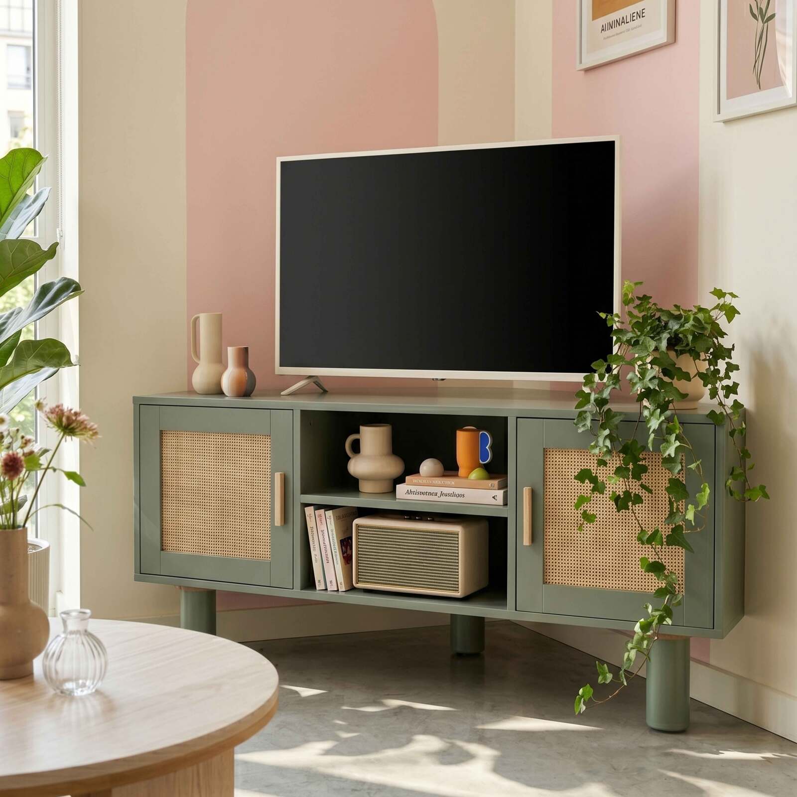 Meuble TV d'angle effet cannage 120 cm en rotin synthétique style bohème