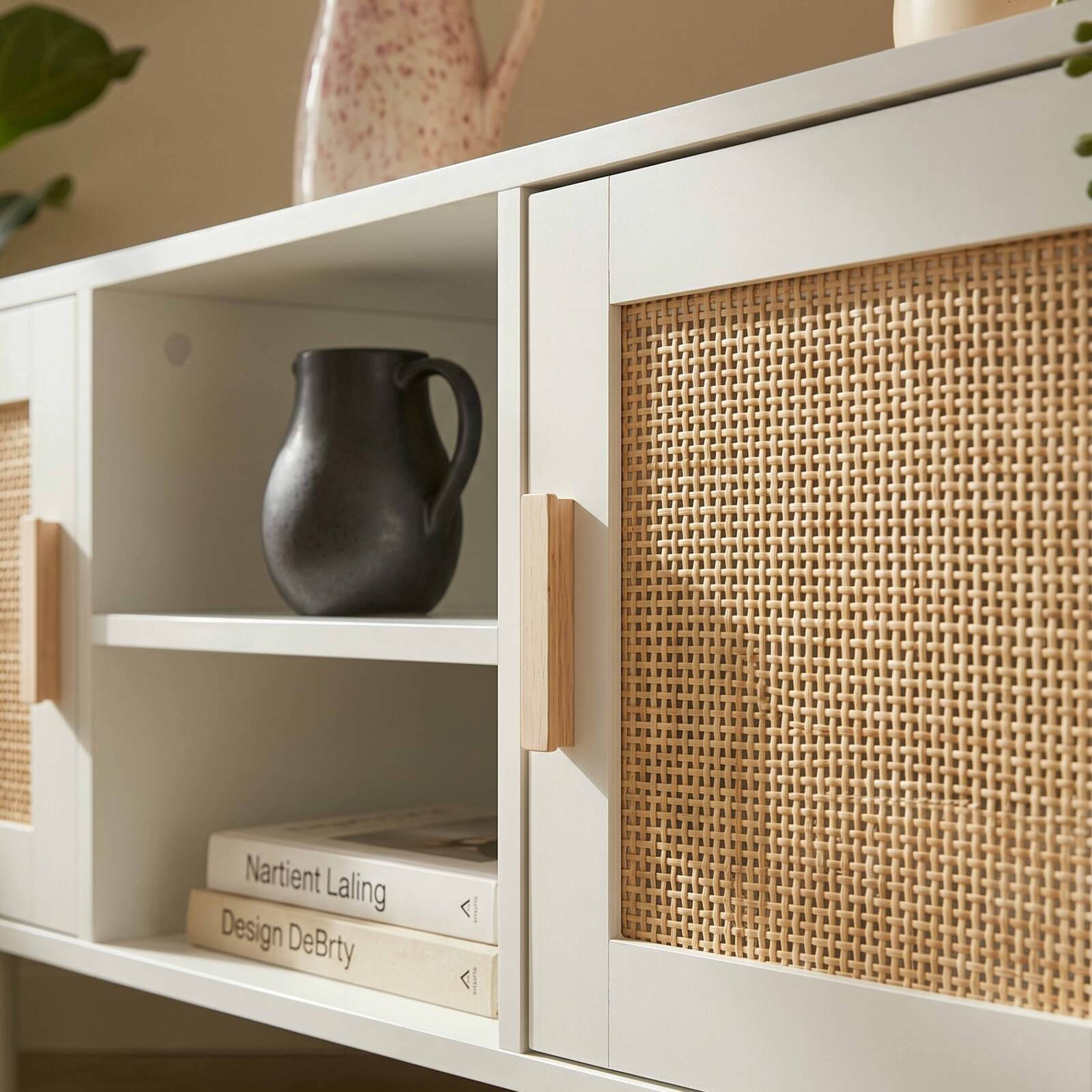 Meuble TV d'angle effet cannage 120 cm en rotin synthétique style bohème