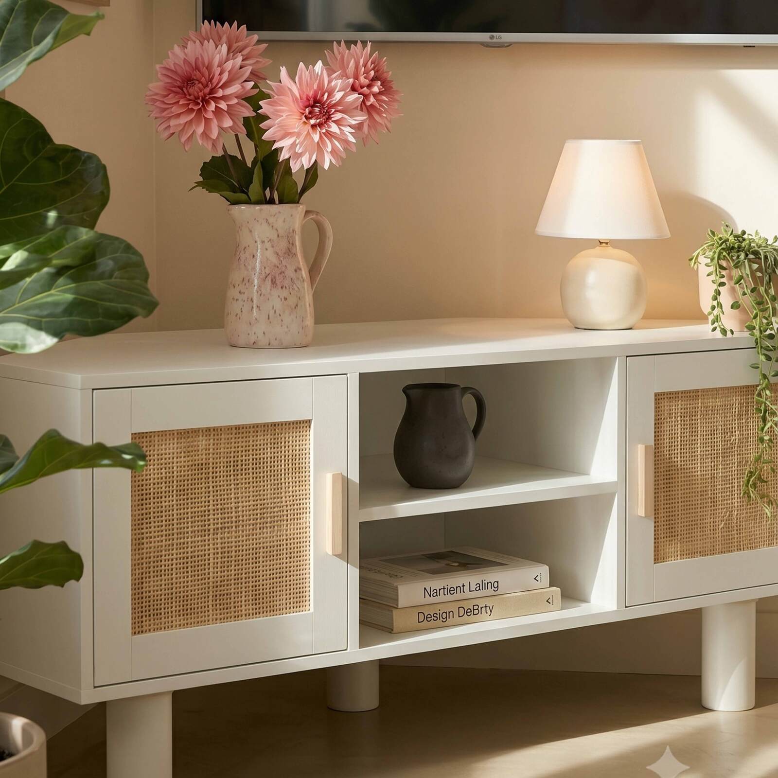 Meuble TV d'angle effet cannage 120 cm en rotin synthétique style bohème