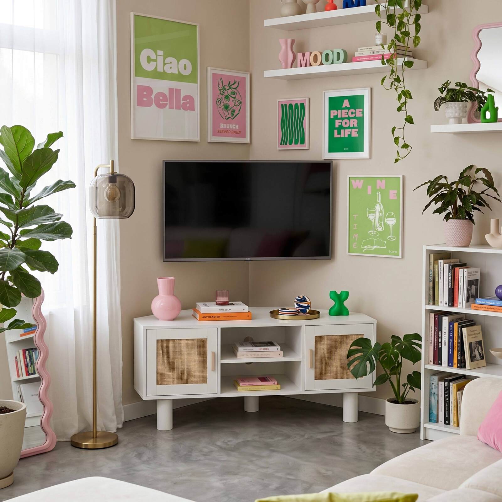 Meuble TV d'angle effet cannage 120 cm en rotin synthétique style bohème
