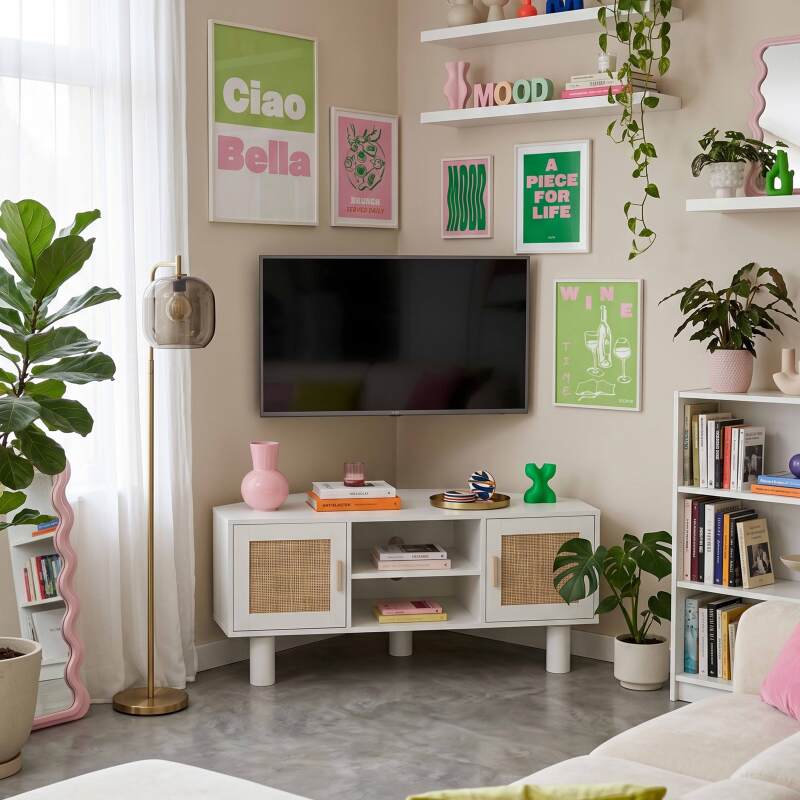Meuble TV d'angle effet cannage 120 cm en rotin synthétique style bohème (21/25)