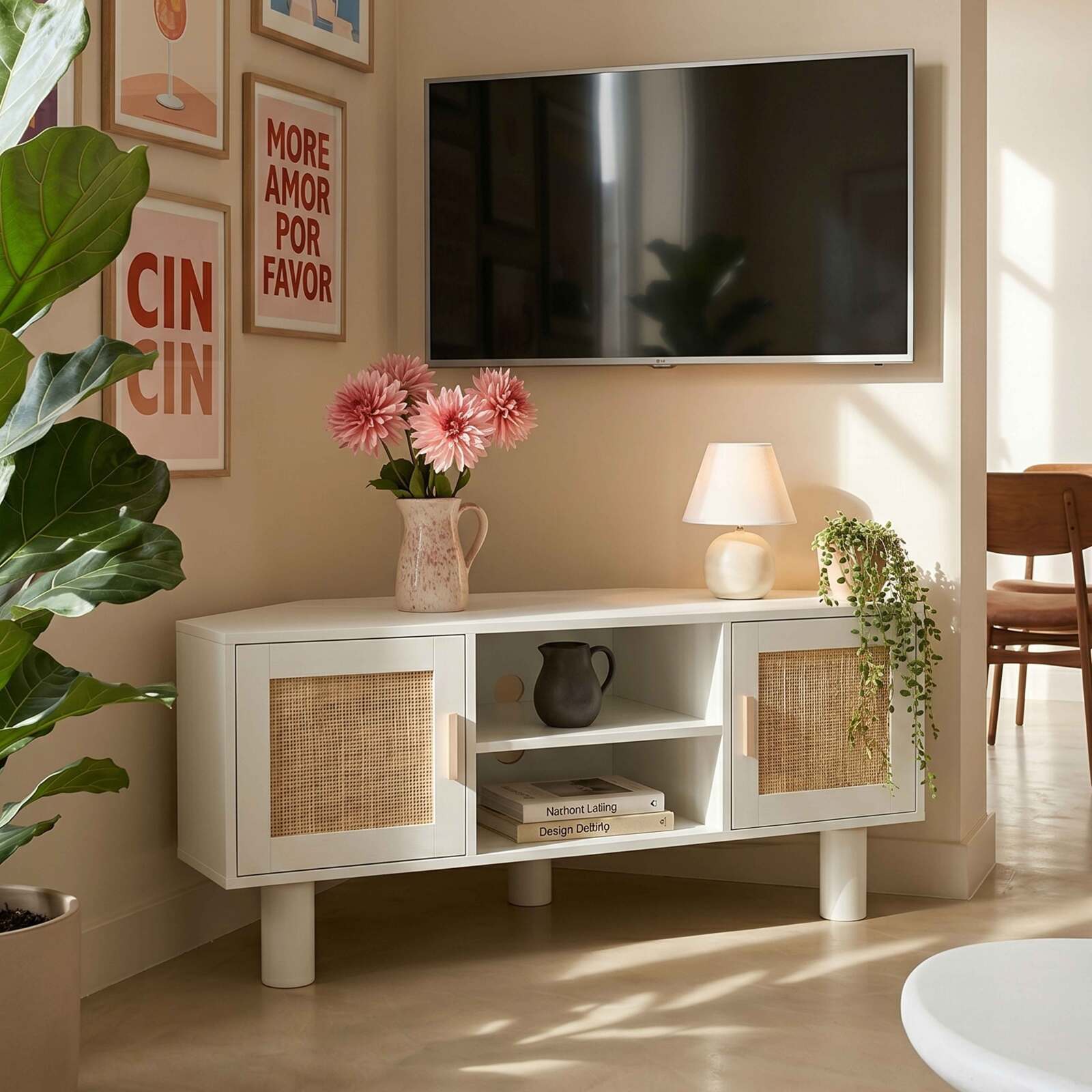 Meuble TV d'angle effet cannage 120 cm en rotin synthétique style bohème
