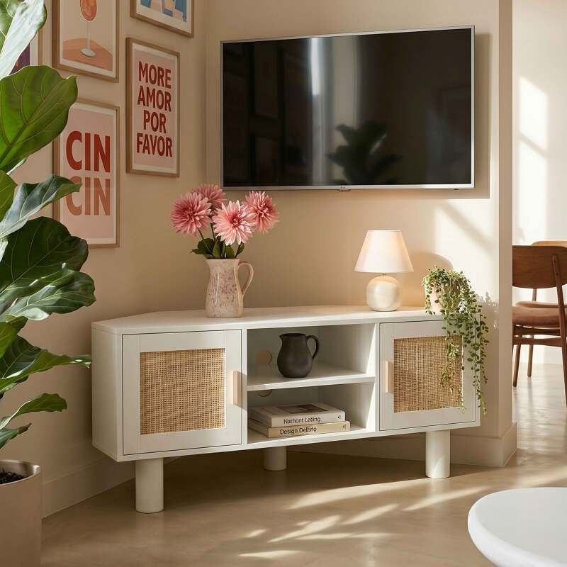 Meuble TV d'angle effet cannage 120 cm en rotin synthétique style bohème (14/25)
