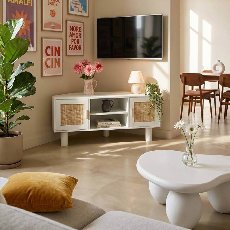 Meuble TV d'angle effet cannage 120 cm en rotin synthétique style bohème (13/25)