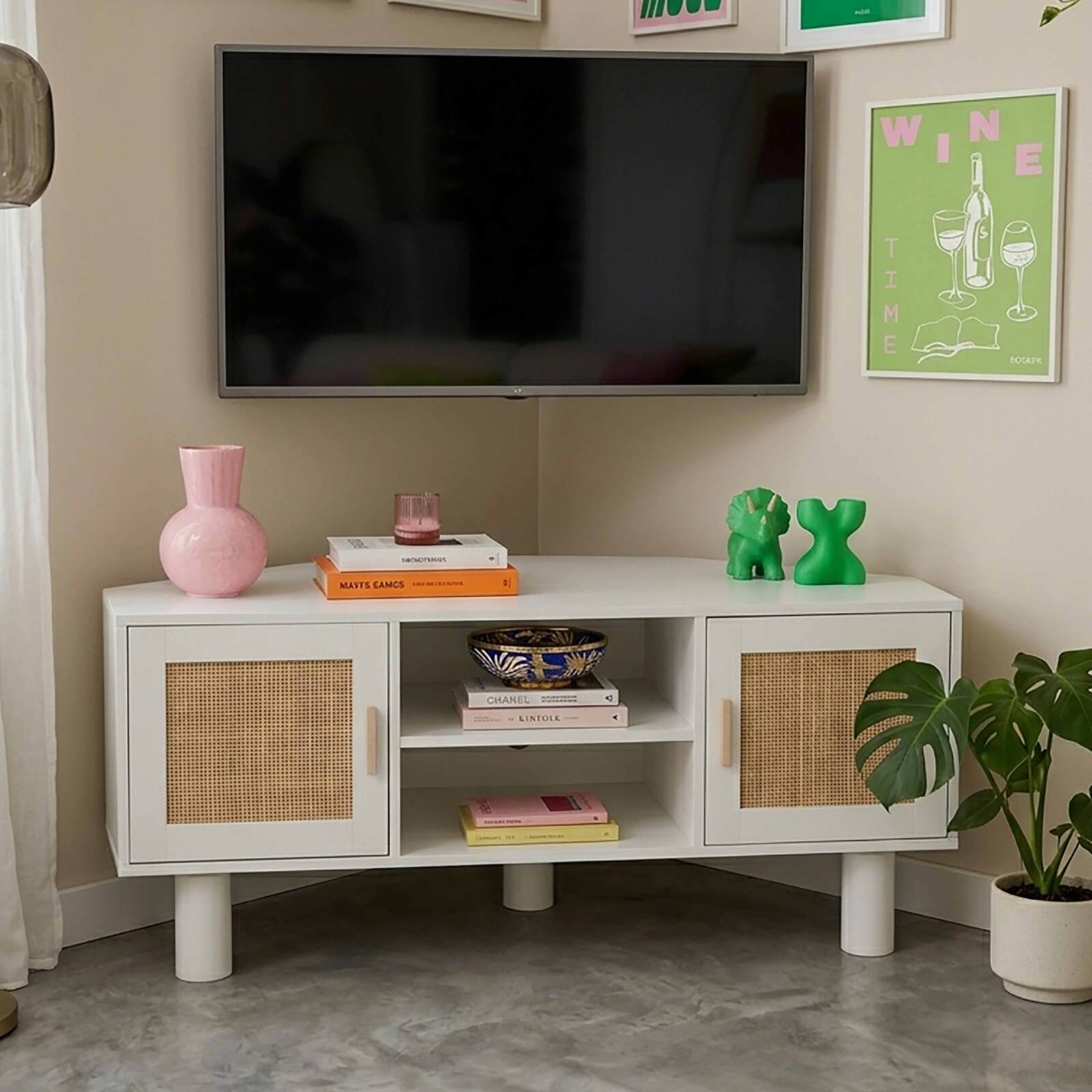 Meuble TV d'angle effet cannage 120 cm en rotin synthétique style bohème