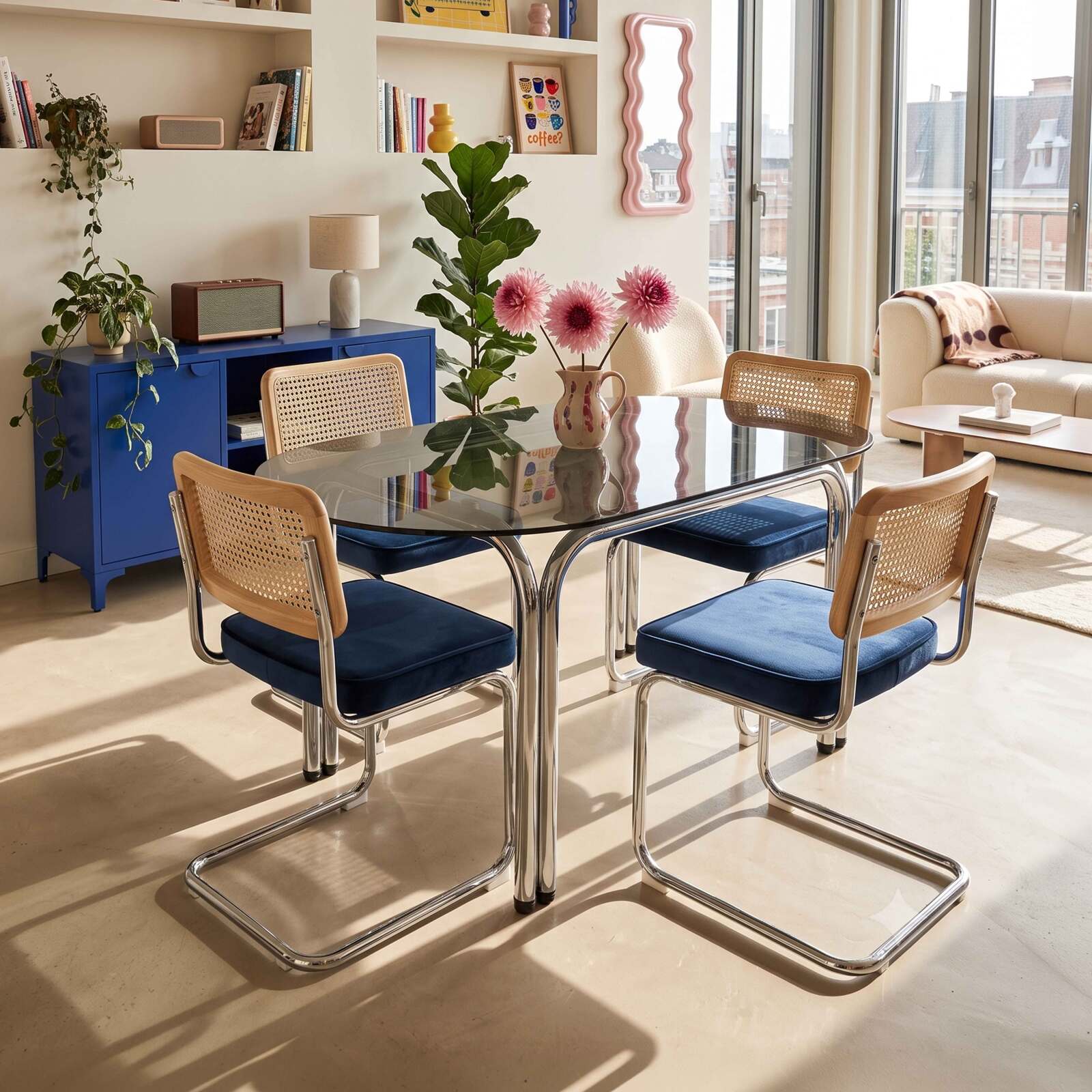 Table à manger ovale en métal et verre trempé 6 personnes