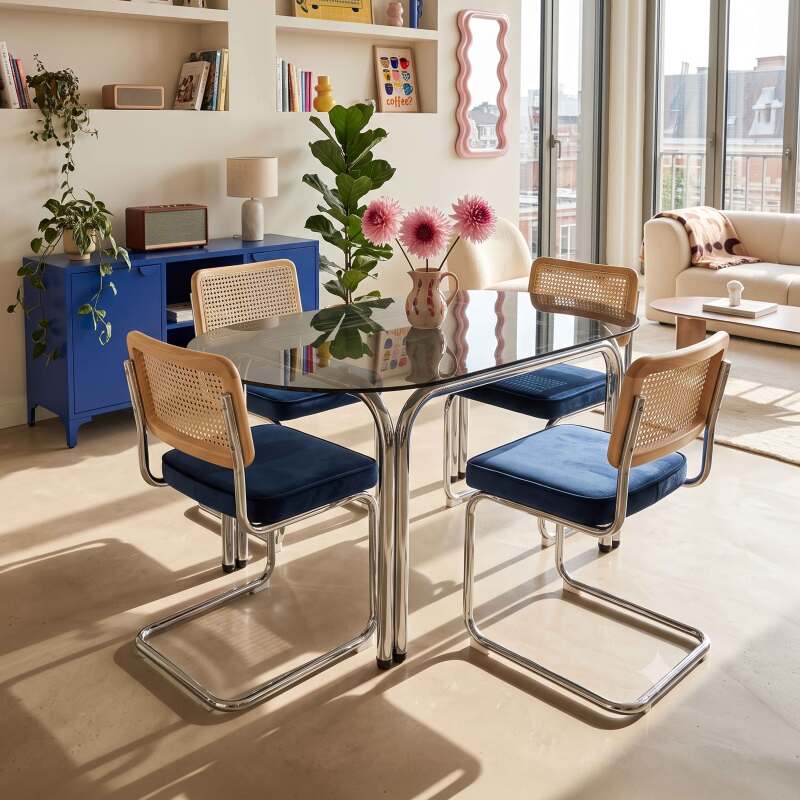 Table à manger ovale en métal et verre trempé 6 personnes