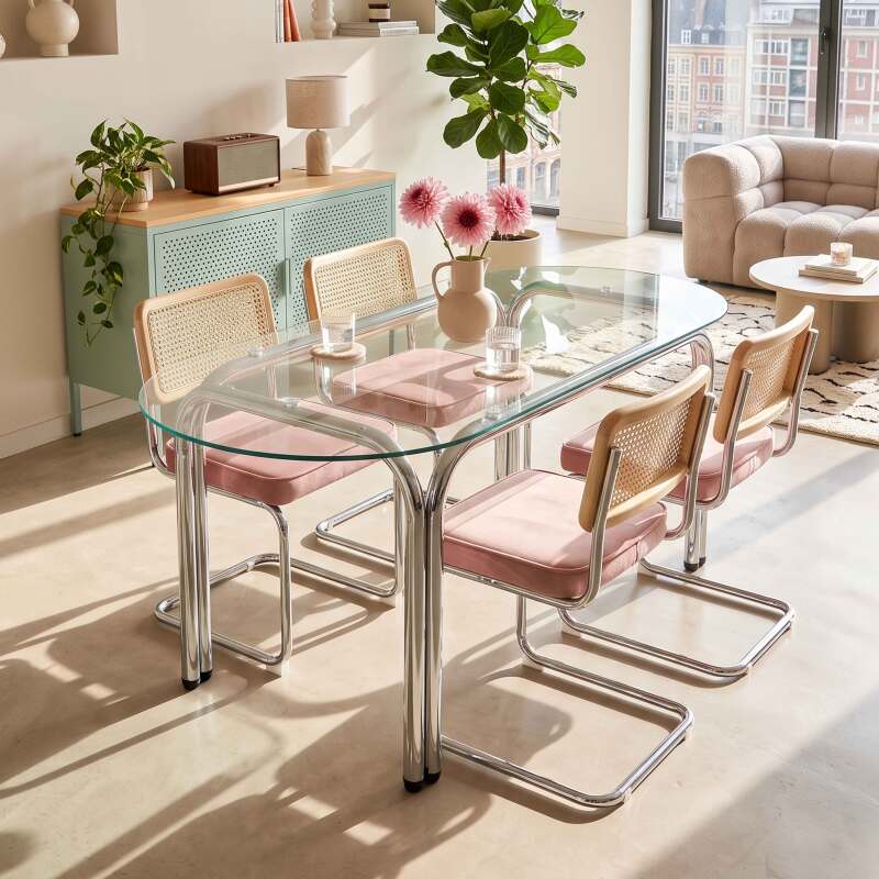 Table à manger ovale en métal et verre trempé 6 personnes