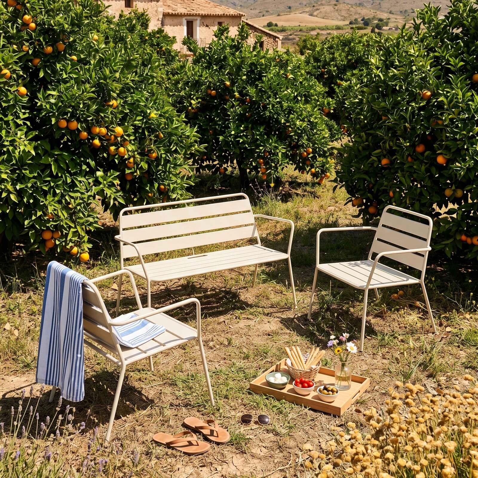 Salon de jardin en métal 4 places avec 2 fauteuils et 1 banc