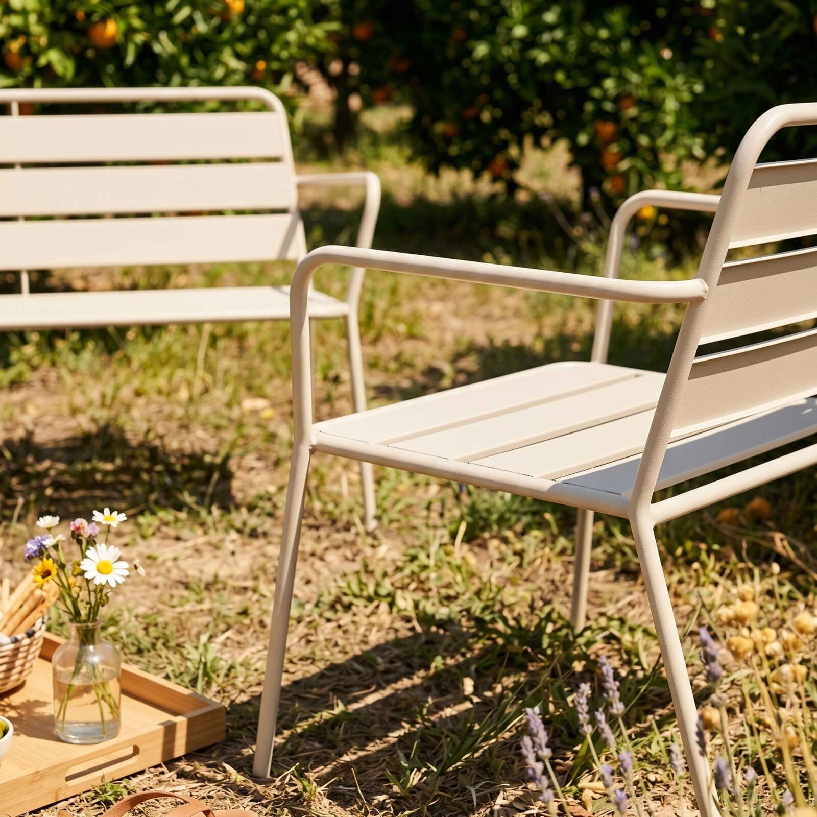 Salon de jardin en métal 4 places avec 2 fauteuils et 1 banc